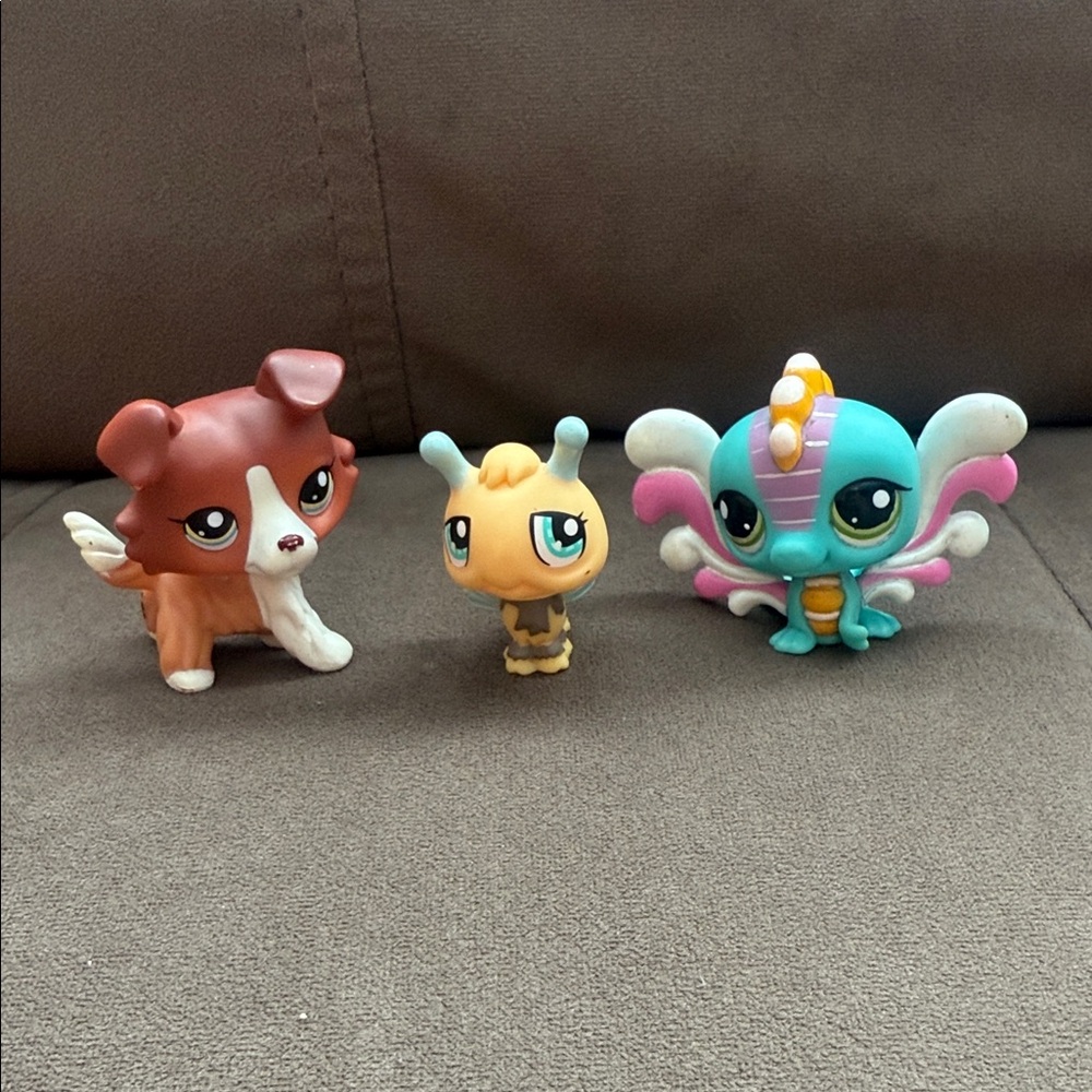 Littlest Pet Shop Brown Dog, Yellow Bug, Blue Butterfly Set